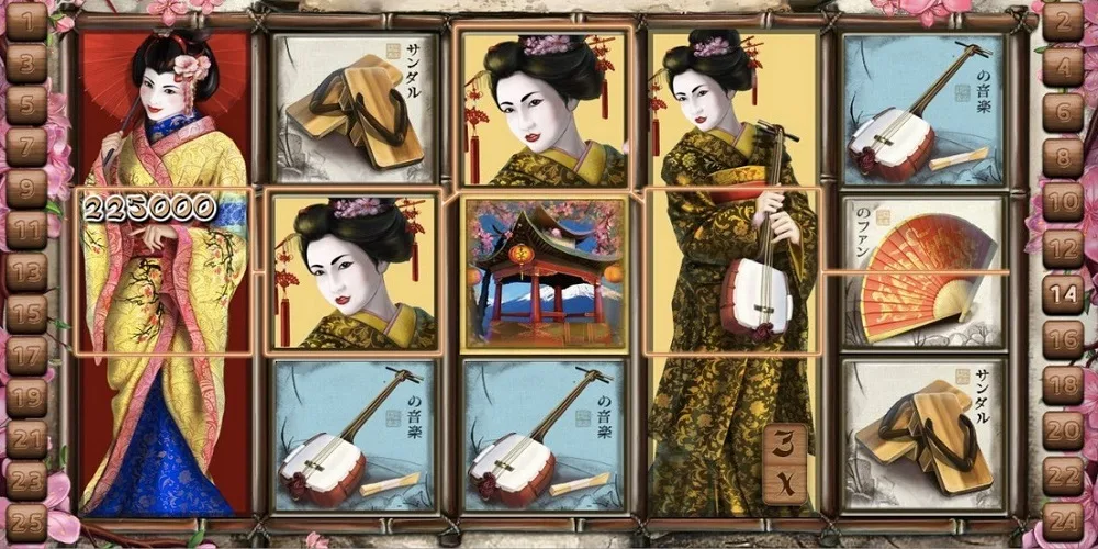 Elegancia asiática de la máquina tragamonedas Geisha 